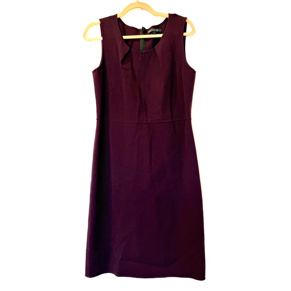 Lafayette 148 Stretch Wool Knee Length dress 8 Purple Eggplant  Neck Pleat Zip